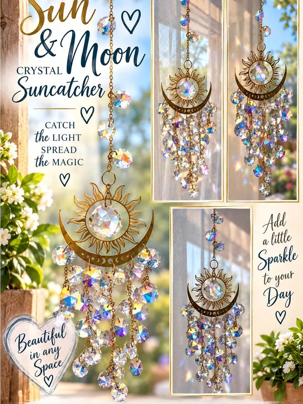 Gold Sun & Moon Crystal Suncatcher - Iridescent Crystals